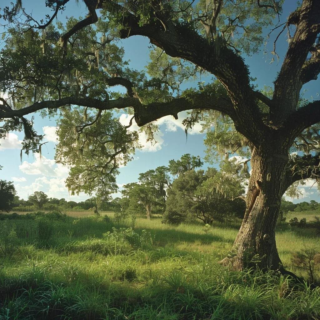 Lush landscape featuring a large oak tree with Spanish moss, surrounding greenery, and a blue sky, representing Volusia County's natural environment relevant to tree preservation and grapple operations.