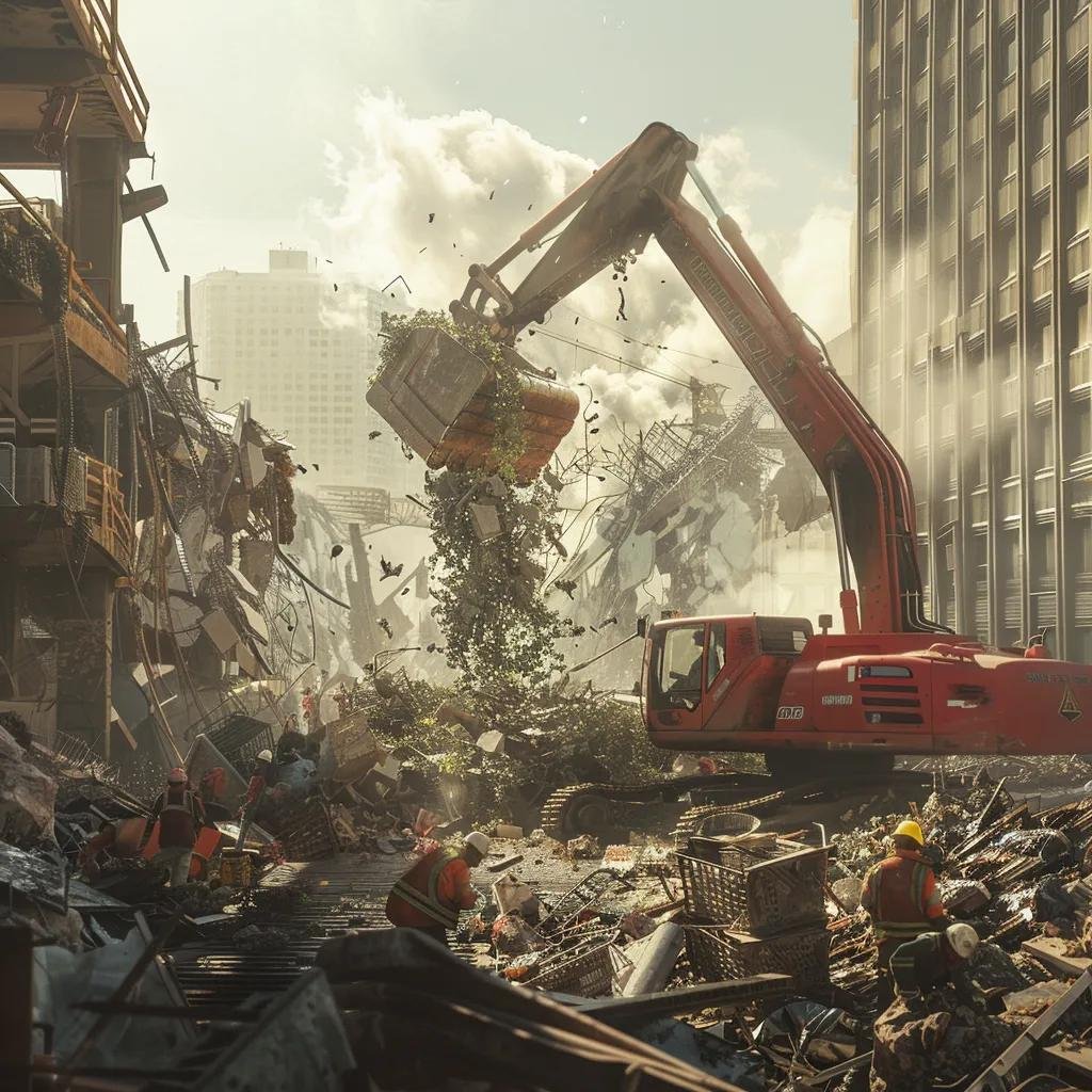 Heavy grapple truck removing debris from a construction site, with workers sorting vegetative waste and materials amidst a chaotic environment.