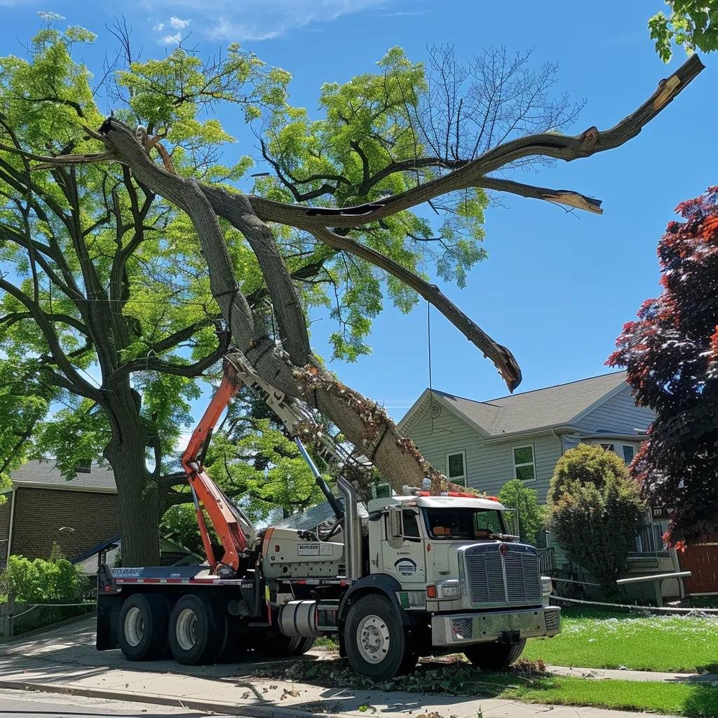 Grapple truck removing tree branches in residential area, illustrating tree removal operations under local regulations in Volusia County.
