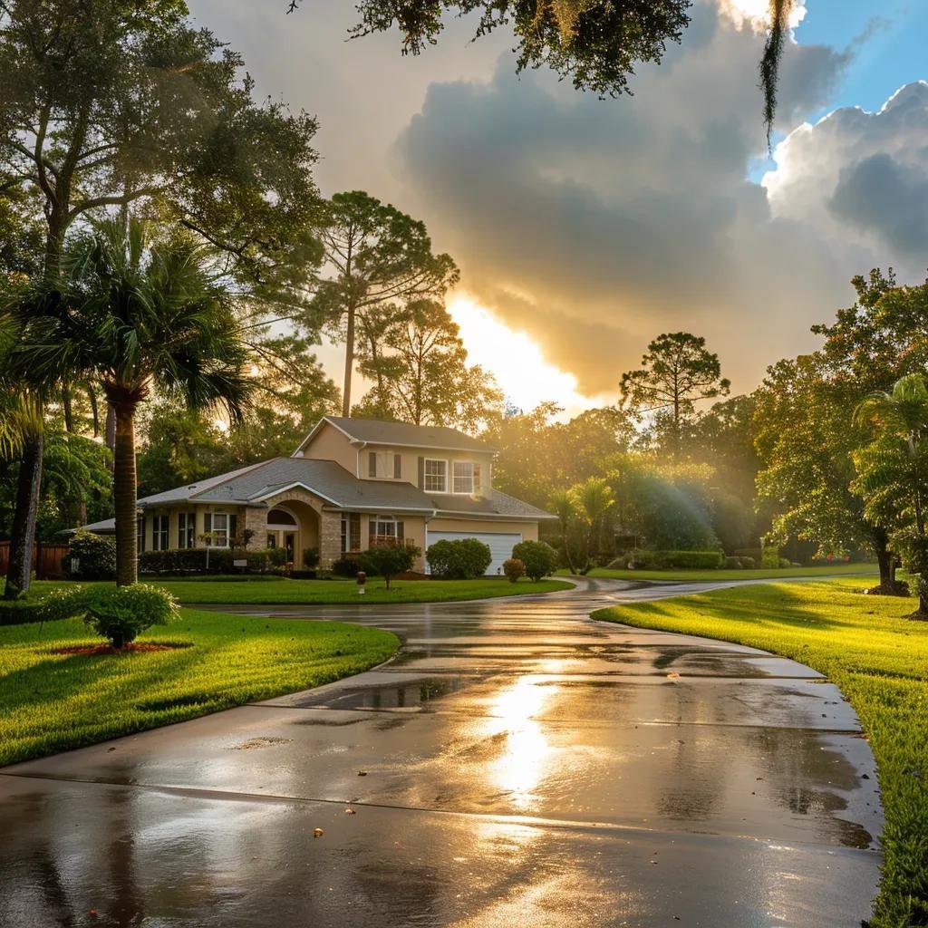 Residential home with lush landscaping and a reflective driveway, showcasing increased curb appeal, ideal for property maintenance and readiness for sale or new construction in Volusia County.