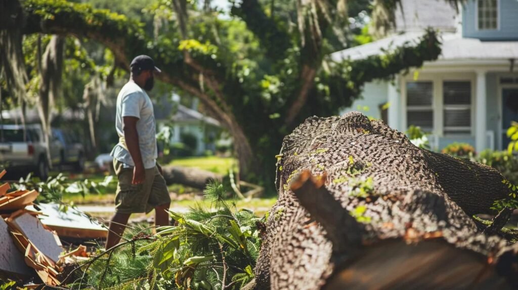 Man walking past large fallen tree and debris in residential area, illustrating local grapple services for efficient debris removal in Volusia County.
