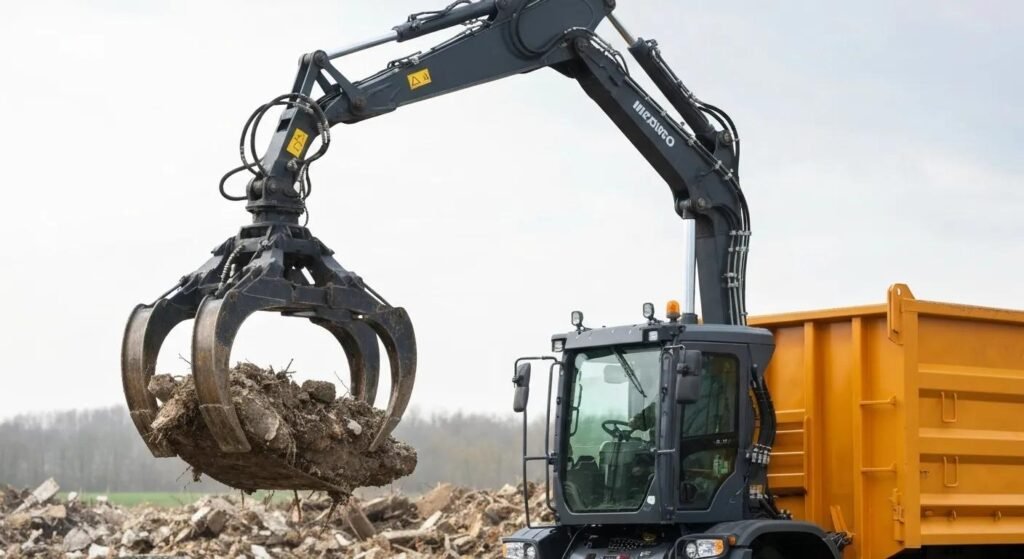 Grapple truck lifting debris with hydraulic claw, showcasing efficient debris removal for land clearing and storm cleanup in Volusia County.