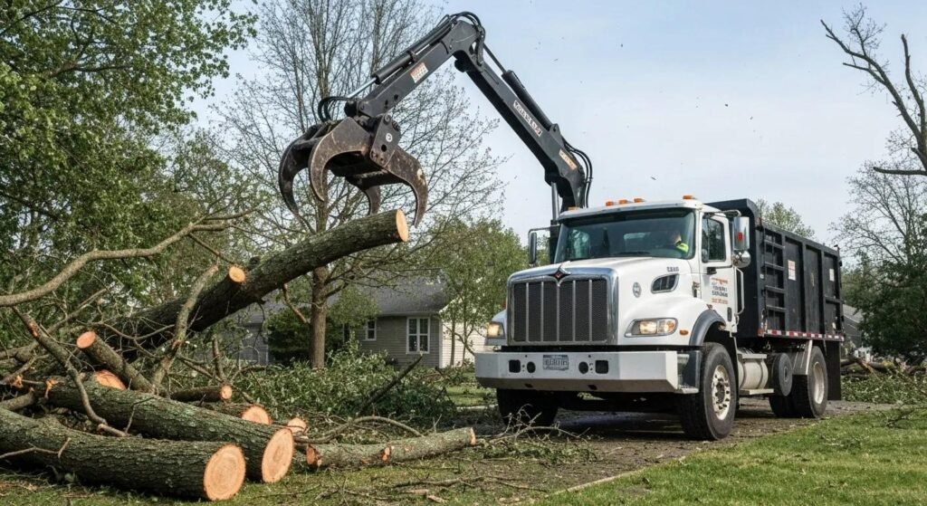 Grapple truck lifting large tree limbs for efficient debris removal during storm cleanup in residential area.