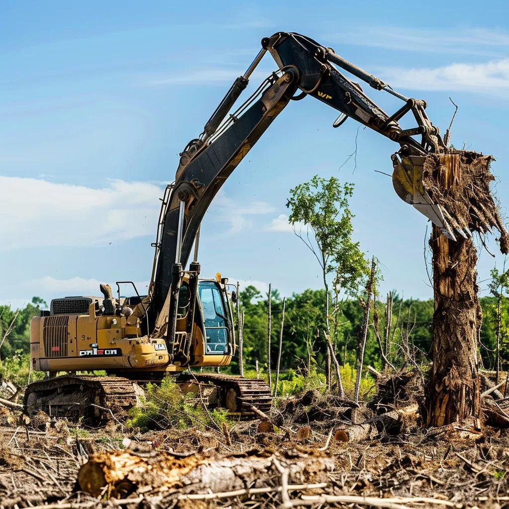 Excavator with hydraulic arm and grapple claw uprooting tree stumps in a cleared lot, demonstrating debris removal capabilities for land clearing.