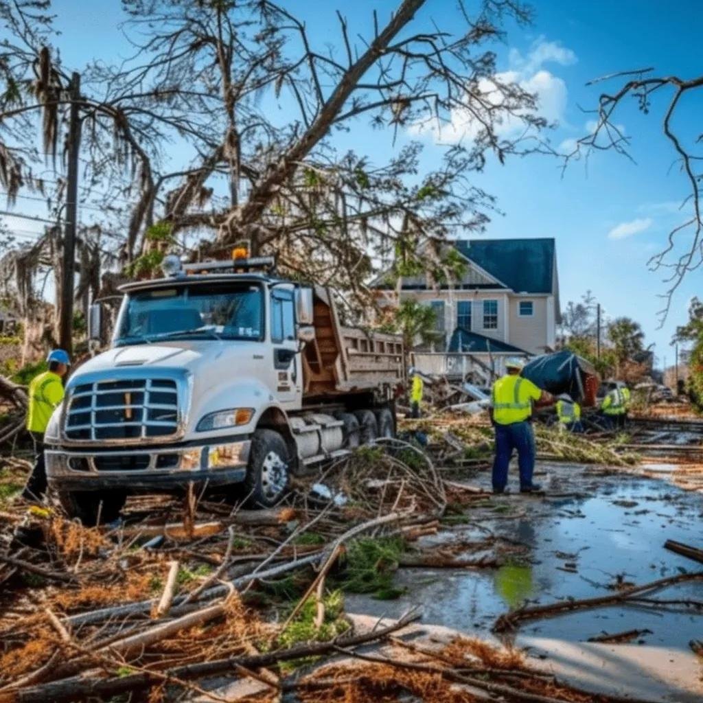 Grapple truck clearing storm debris with workers in safety vests managing fallen trees and branches in a residential area of Volusia County.
