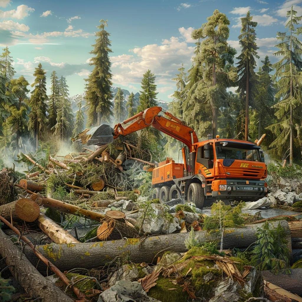 Grapple truck lifting debris in a forested area, showcasing hydraulic arm and claw handling tree trunks and logs for efficient debris removal.