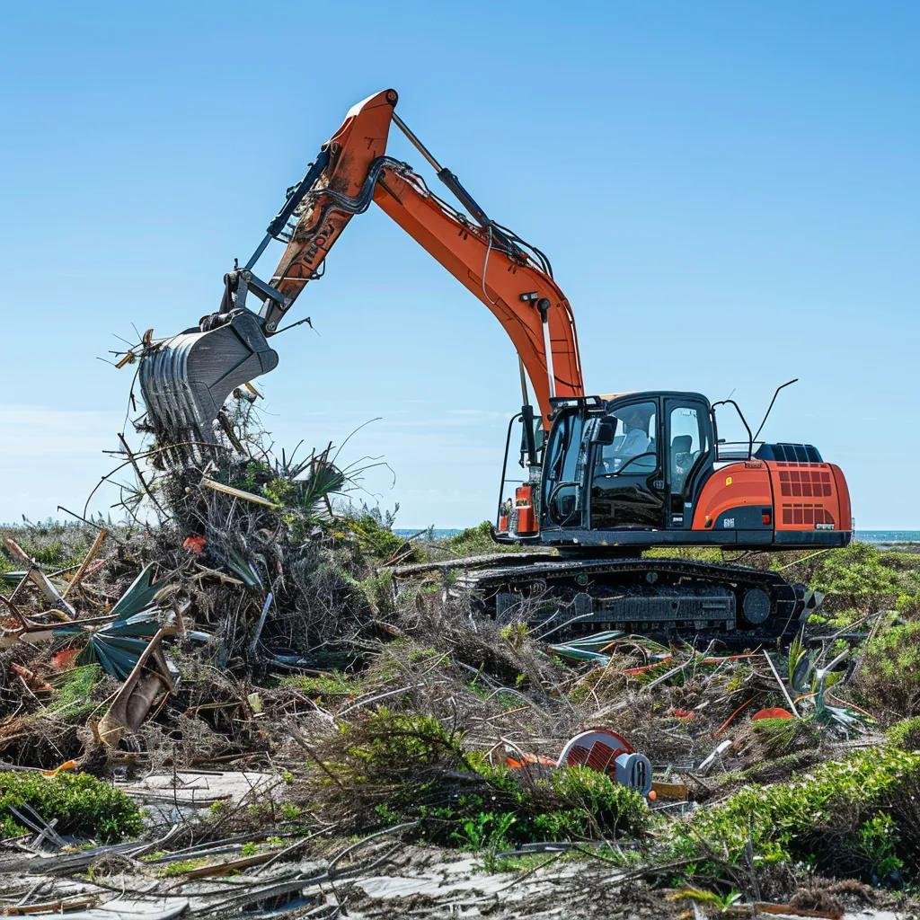 Hydraulic grapple truck lifting debris from a coastal lot, showcasing Volusia Grapple service in action for efficient vegetation and waste removal.