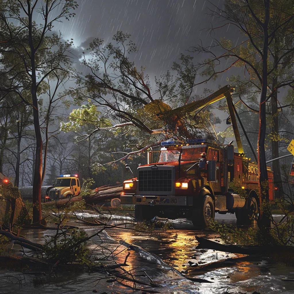 Emergency grapple truck removing storm debris in heavy rain, with fallen tree branches and wet pavement in Volusia County.