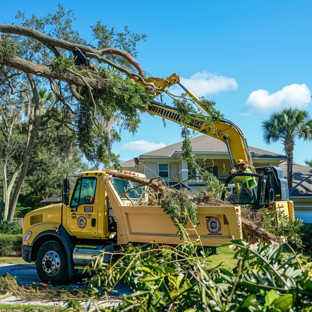 Grapple truck removing debris from a property in Florida, showcasing efficient storm cleanup and land clearing services by Volusia Grapple.