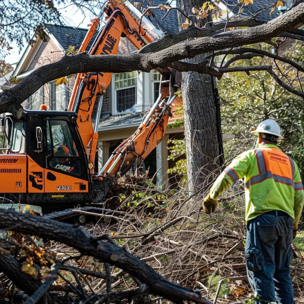 Grapple truck removing tree debris in residential area, operated by worker in safety gear, showcasing efficient debris management for property cleanup.