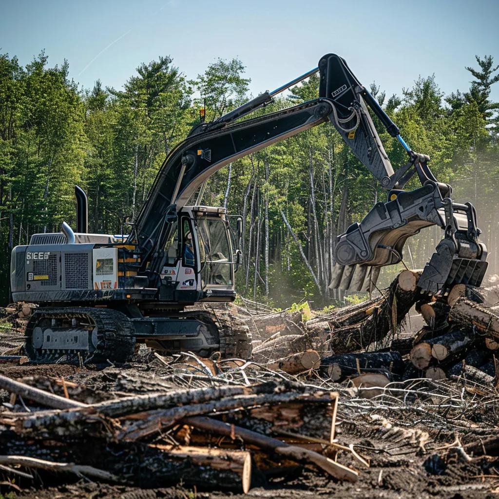 Grapple truck equipped with hydraulic arm and rotating grapple claw, actively lifting logs in a land-clearing operation amidst a forested area.