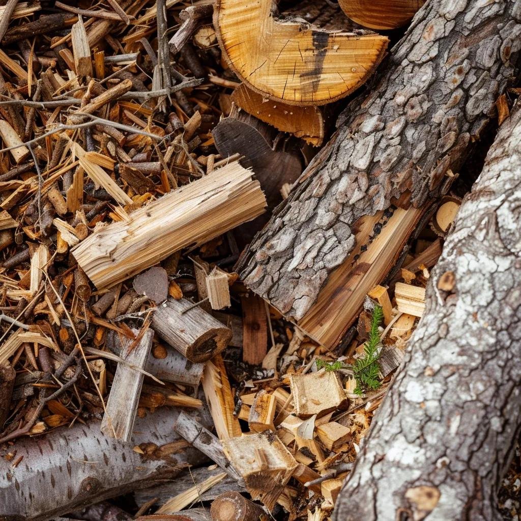 Wood debris pile featuring logs, branches, and wood chips, illustrating the aftermath of land clearing services relevant to Volusia Grapple's debris removal operations.