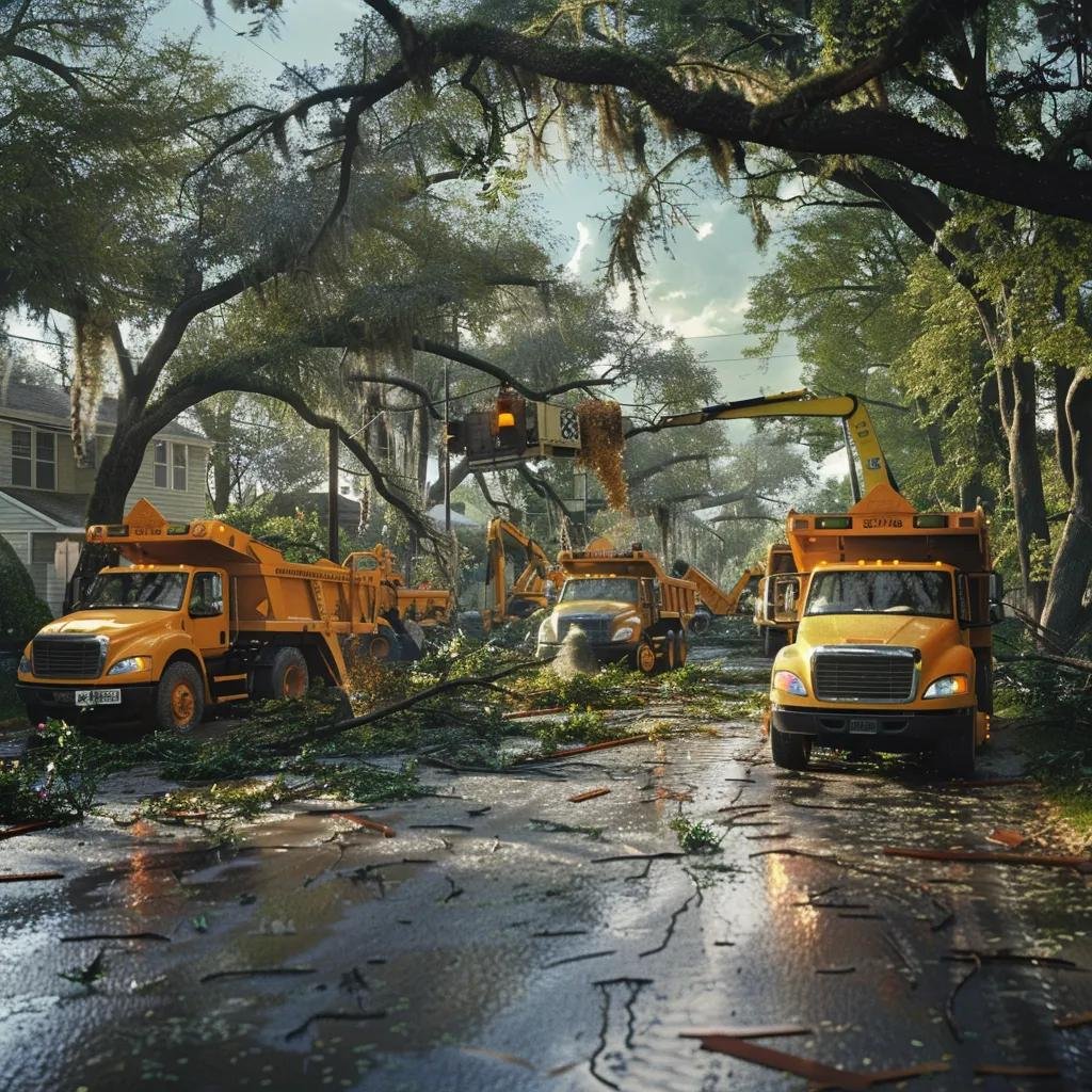 Grapple trucks in action during storm cleanup, removing debris from residential streets, showcasing efficiency in post-hurricane recovery efforts.