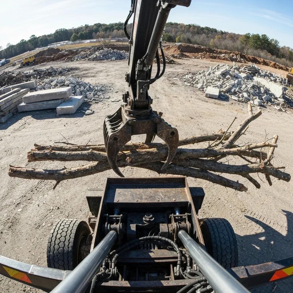 Hydraulic grapple truck gripping logs for debris removal at a construction site, with piles of rubble and trees in the background, illustrating efficient cleanup operations in Volusia County.