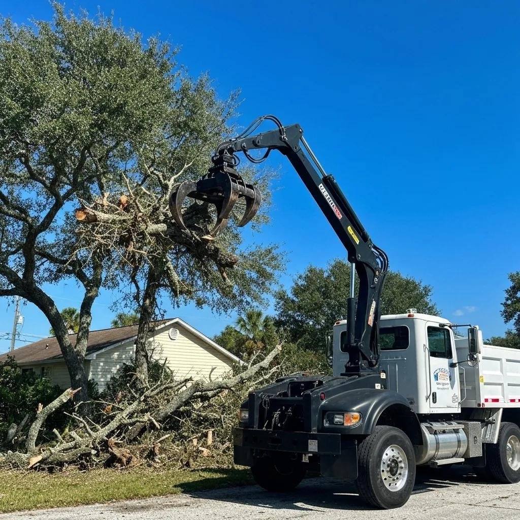 Grapple truck with hydraulic arm lifting tree debris for efficient cleanup in residential area, showcasing Volusia Grapple Service's expertise in storm debris removal.