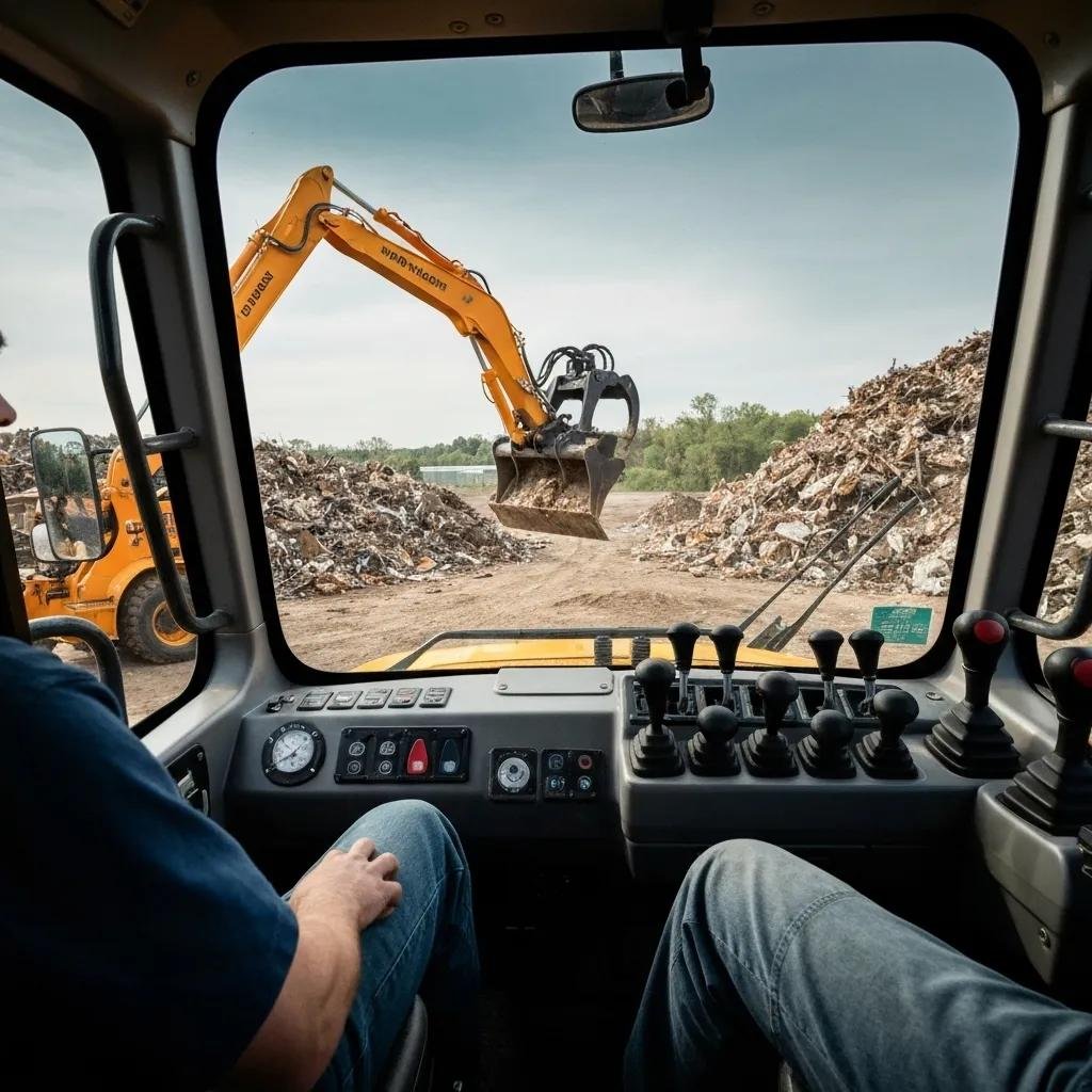 View from inside a grapple truck cabin, operator controls visible, hydraulic arm reaching towards a large pile of debris, showcasing efficient debris removal capabilities for storm cleanup and land clearing in Volusia County.