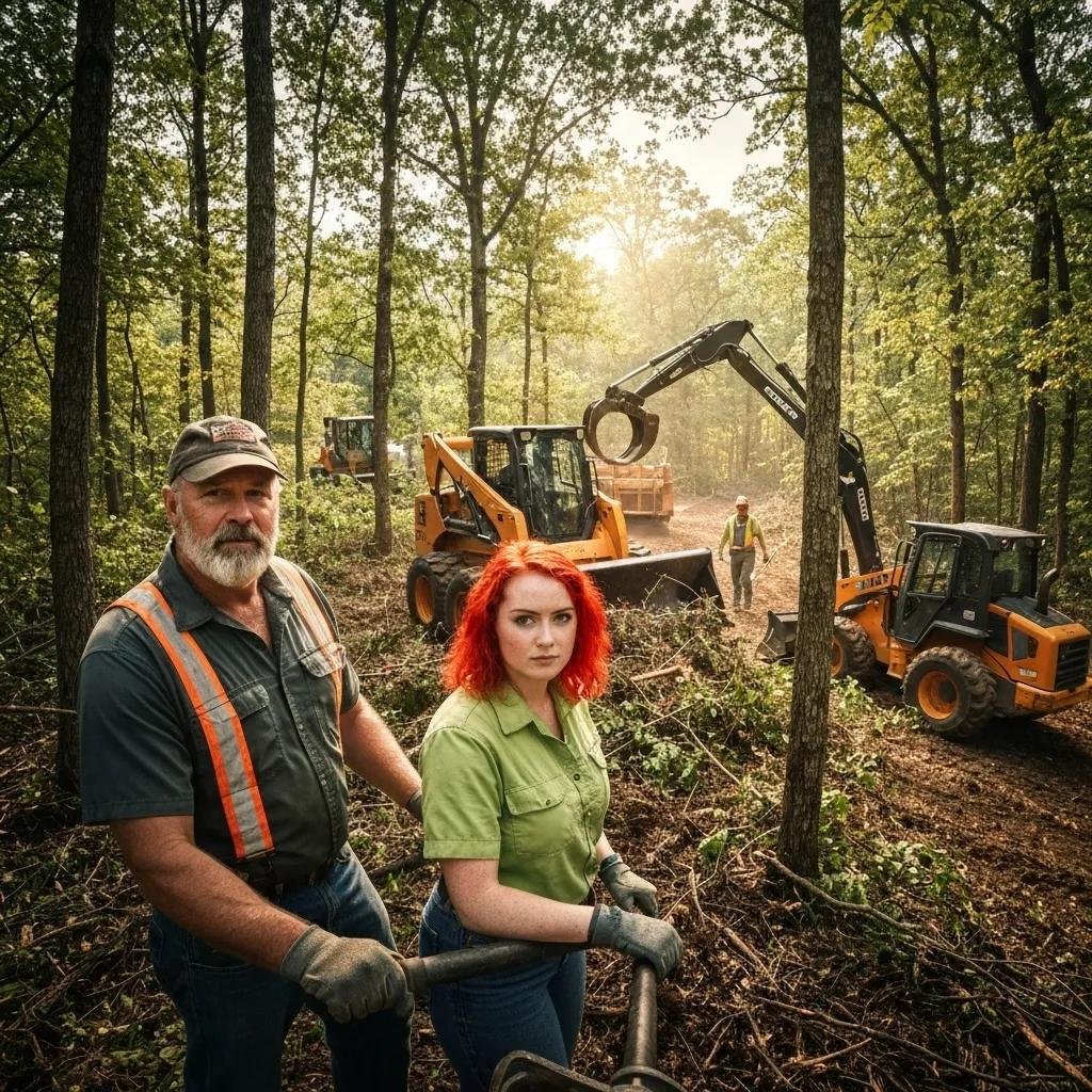 Workers in a forested area using heavy machinery for land clearing, with a focus on a man and woman in work attire, showcasing the land clearing services provided by Volusia Grapple.