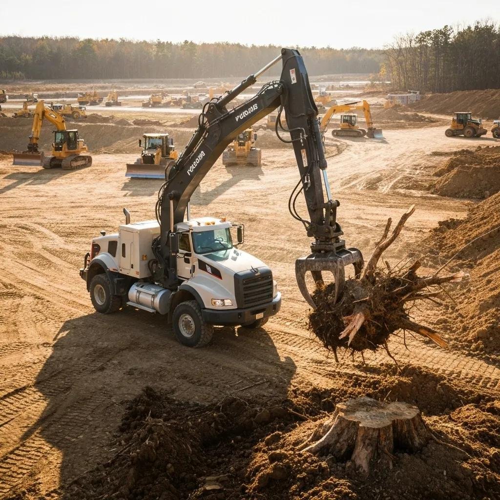 Grapple truck equipped with hydraulic arm removing tree stump and debris on land clearing construction site, surrounded by heavy machinery and earthwork.