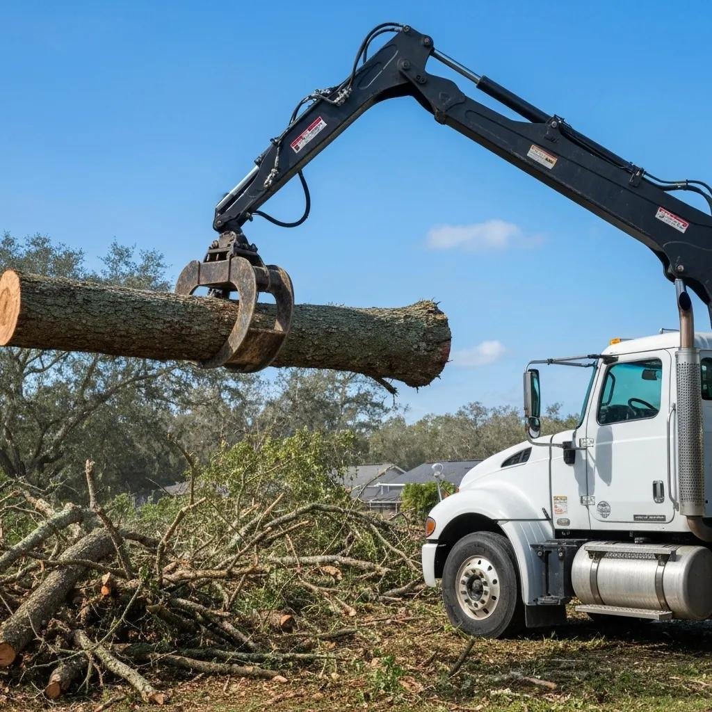 Grapple truck lifting a large tree log amidst tree debris in Volusia County, showcasing efficient tree debris removal services.