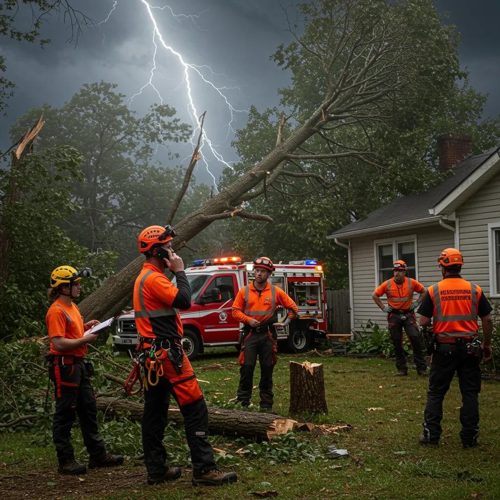 Arborists assessing storm-damaged tree near house during emergency response, with fallen tree and emergency vehicles in background, highlighting Volusia Grapple's rapid site assessment and hazard mitigation services.