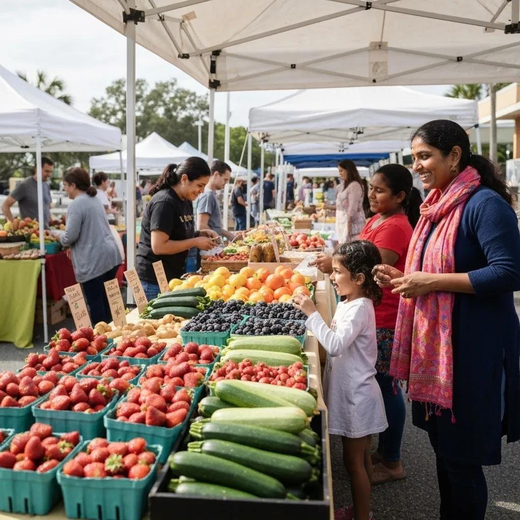 Families shopping at a vibrant farmers market in Volusia County, showcasing local produce including strawberries, zucchini, and blueberries, with community members engaging in the lively atmosphere.