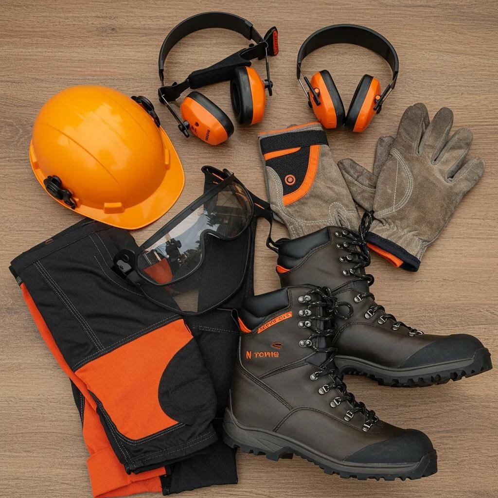 Personal protective equipment (PPE) for tree debris removal, including hard hat, safety glasses, ear protection, gloves, chainsaw-rated trousers, and sturdy boots on a wooden surface.