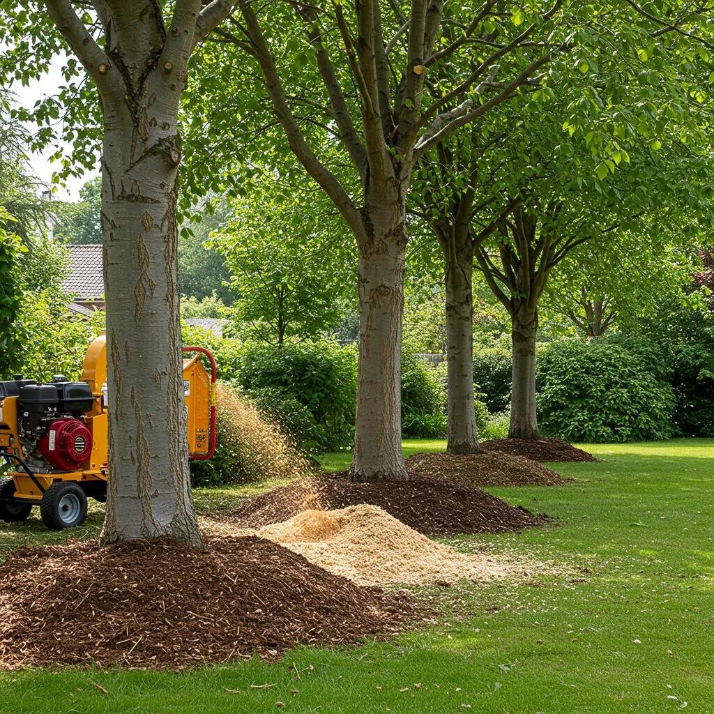 Eco-friendly wood chipper in a vibrant garden, shredding tree debris into mulch, surrounded by freshly created mulch piles.