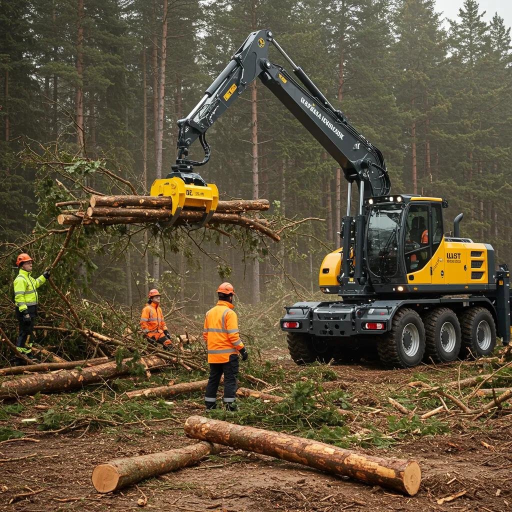 Grapple truck lifting logs at a construction site with workers coordinating, emphasizing efficient debris removal and tree services by Volusia Grapple.