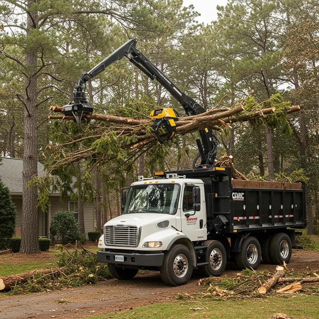 Grapple truck loading tree debris in a residential area, showcasing efficient debris removal and sustainable practices in tree service operations.