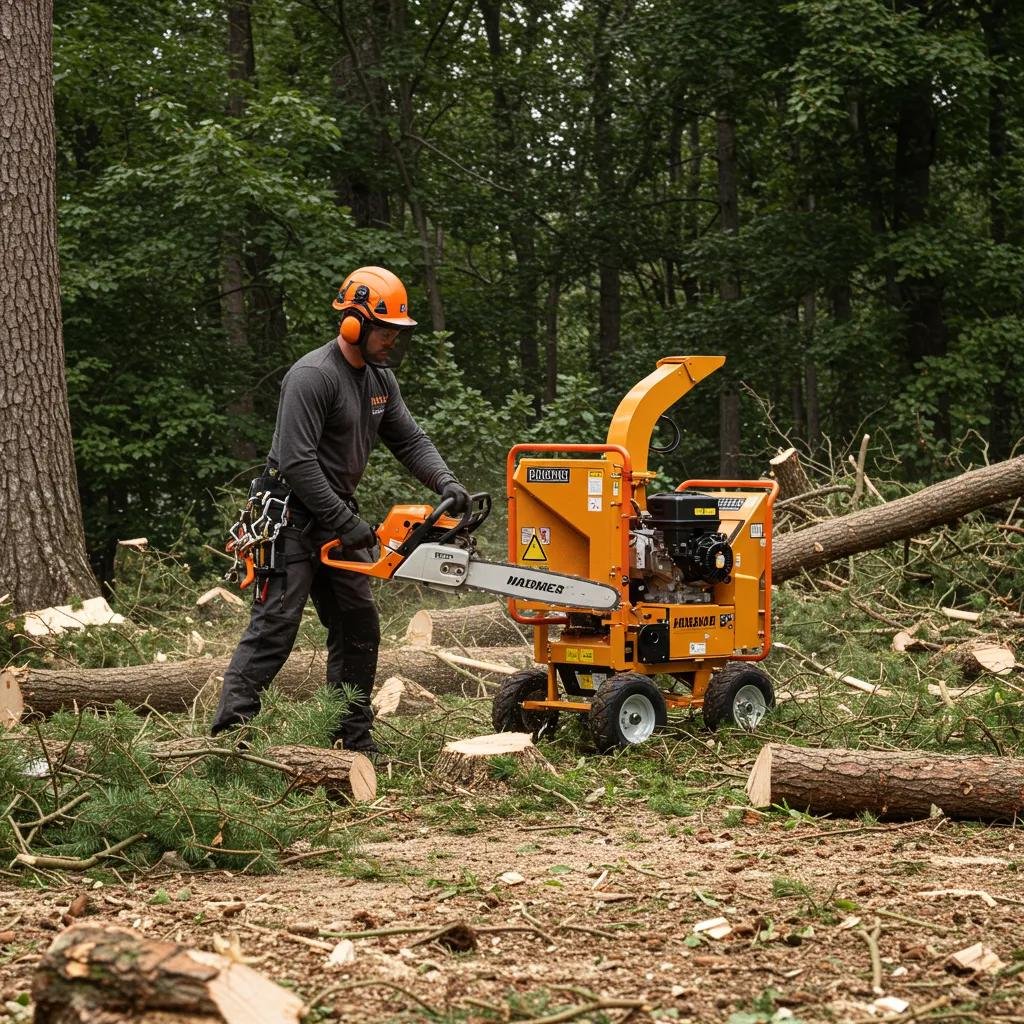 Operator using chainsaw and wood chipper for tree debris removal in wooded area, demonstrating safety practices and PPE adherence.