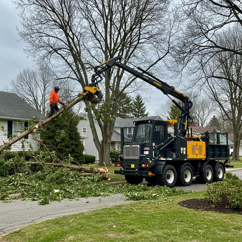 Professional arborist operating grapple truck for tree removal in residential area, with fallen branches and debris on the ground.