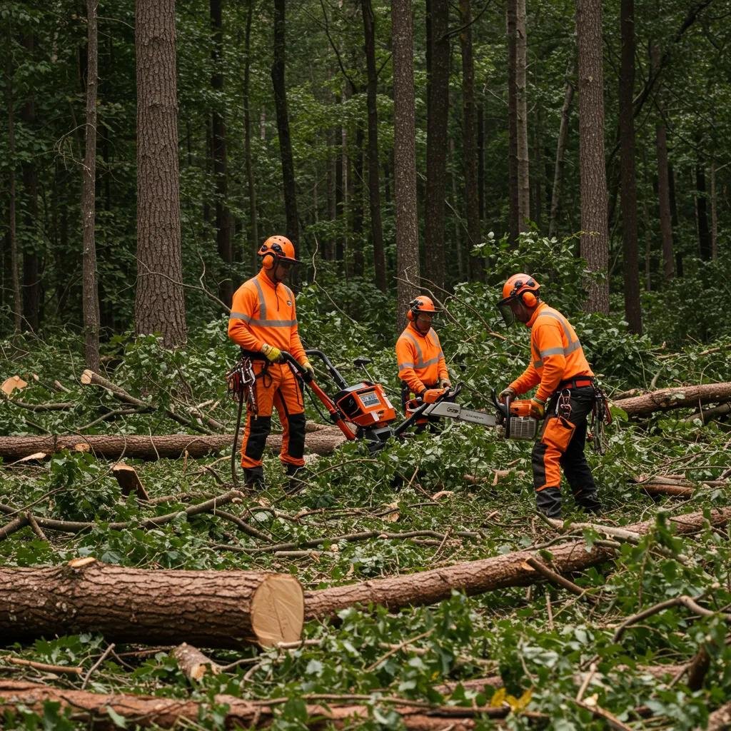 Tree debris cleanup scene in Volusia County with workers in safety gear using chainsaws, surrounded by fallen branches and logs, emphasizing safety practices for debris removal.