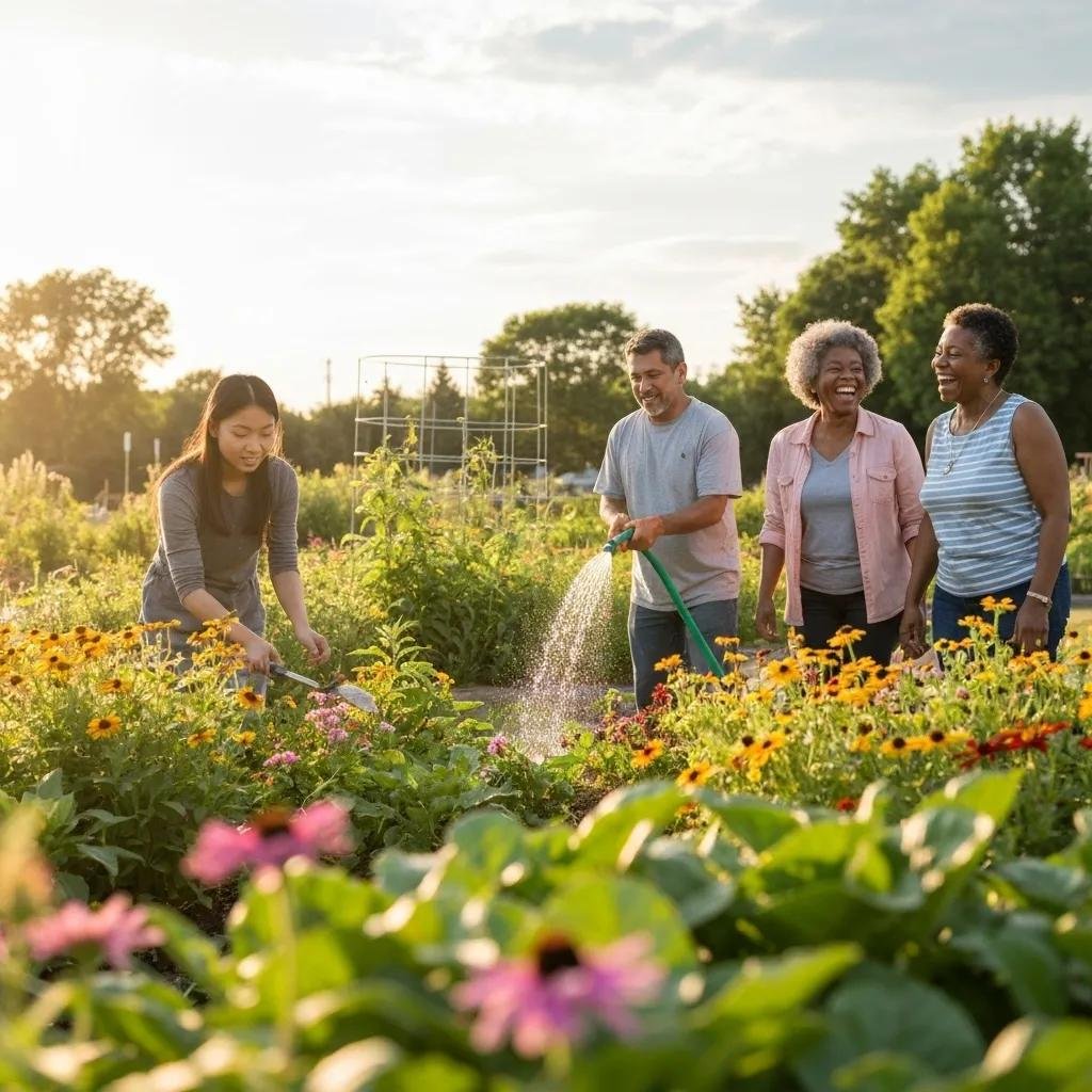 Community members gardening together in a vibrant flower garden, showcasing collaboration and local engagement at a Volusia County community event.