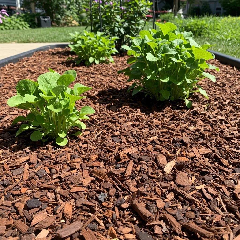 Lush green plants growing in a garden bed covered with wood chip mulch, enhancing soil health by retaining moisture and suppressing weeds.