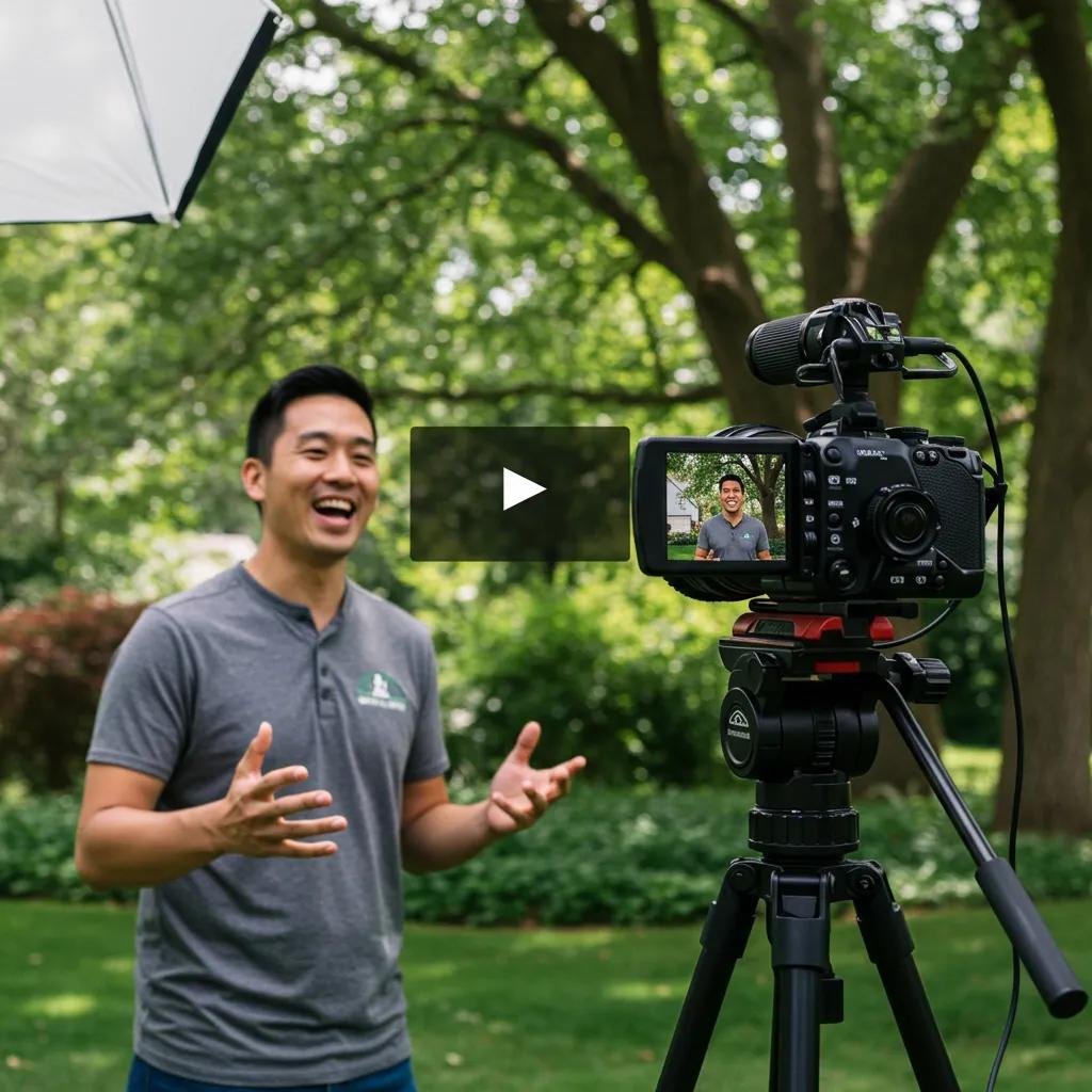 Customer filming a video testimonial about their positive experience with tree service, emphasizing trust and authenticity