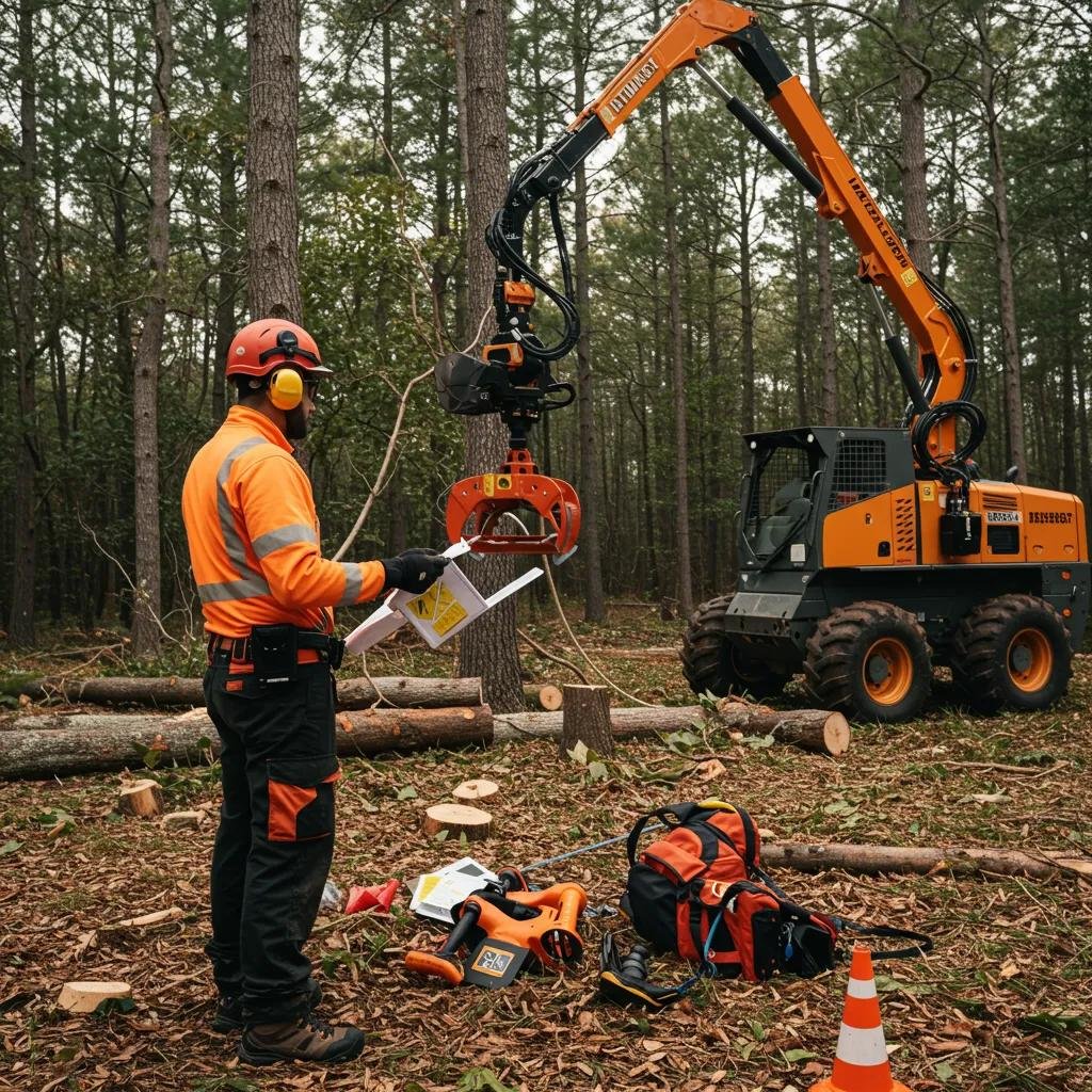 Grapple truck operator performing safety checks in a forested area, wearing safety gear and reviewing protocols, with equipment and logs visible on the ground.