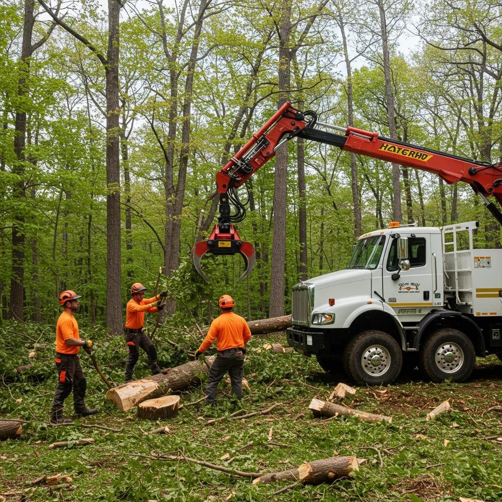 Professional tree service team in bright orange shirts using a grapple truck for safe tree debris removal in a lush, green forest environment.