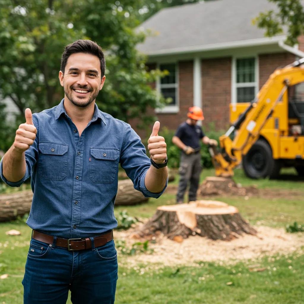 Satisfied homeowner expressing happiness after tree removal service, highlighting customer satisfaction