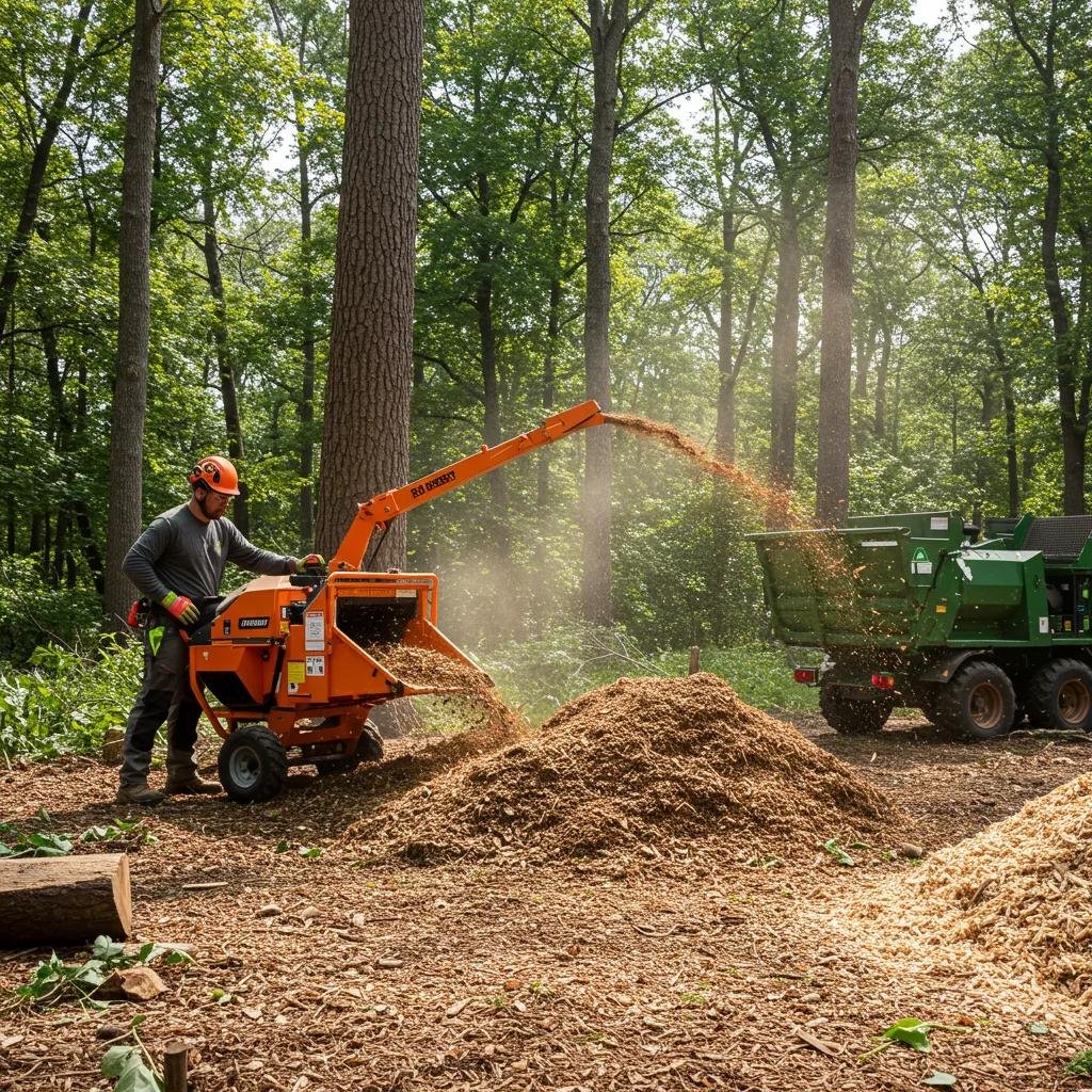 Tree care professional using a wood chipper to convert tree debris into mulch, showcasing eco-friendly tree debris management practices in a forested setting.