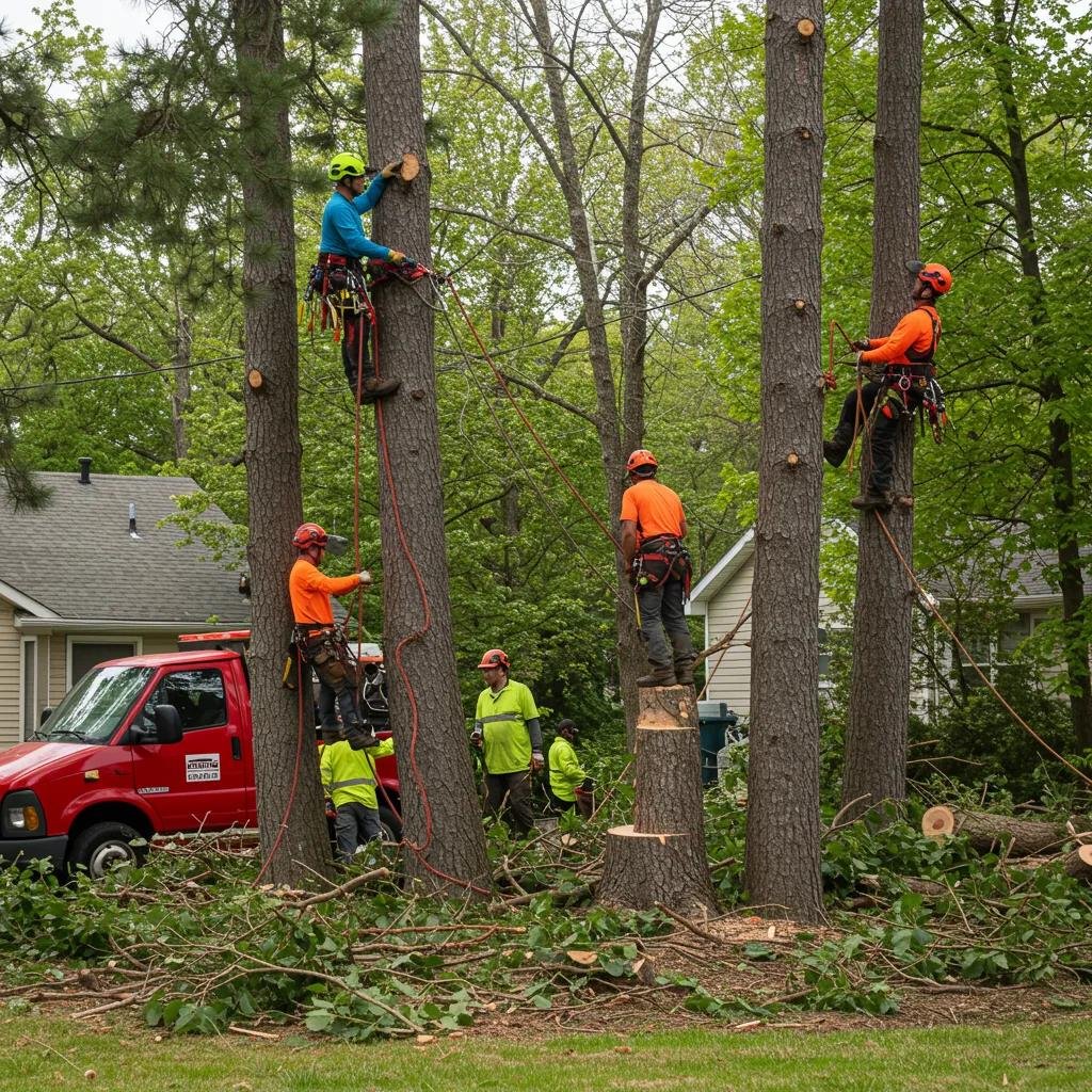 Tree service team performing tree pruning and removal, showcasing professionalism and expertise