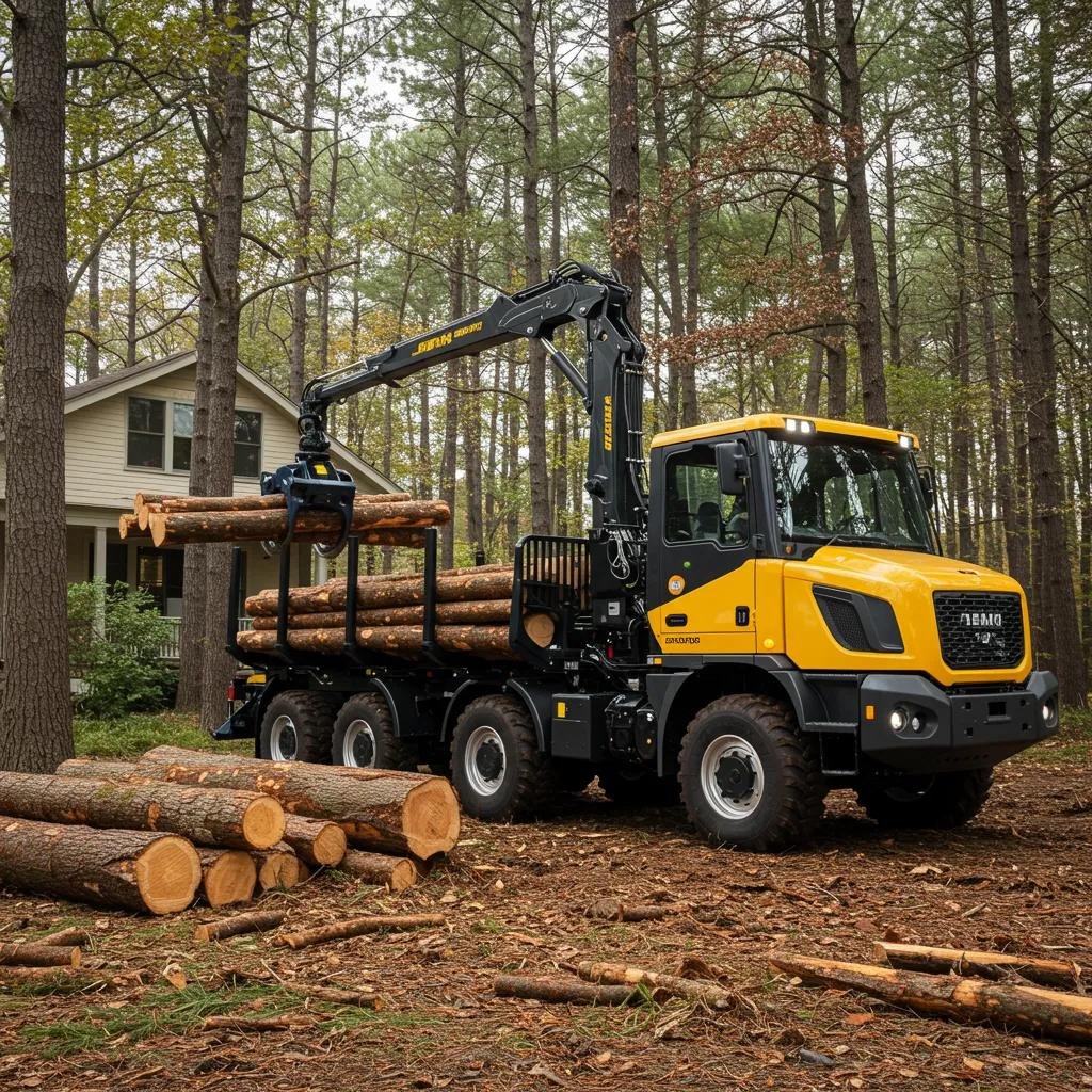 Electric grapple truck lifting logs in a residential area, showcasing quiet operation
