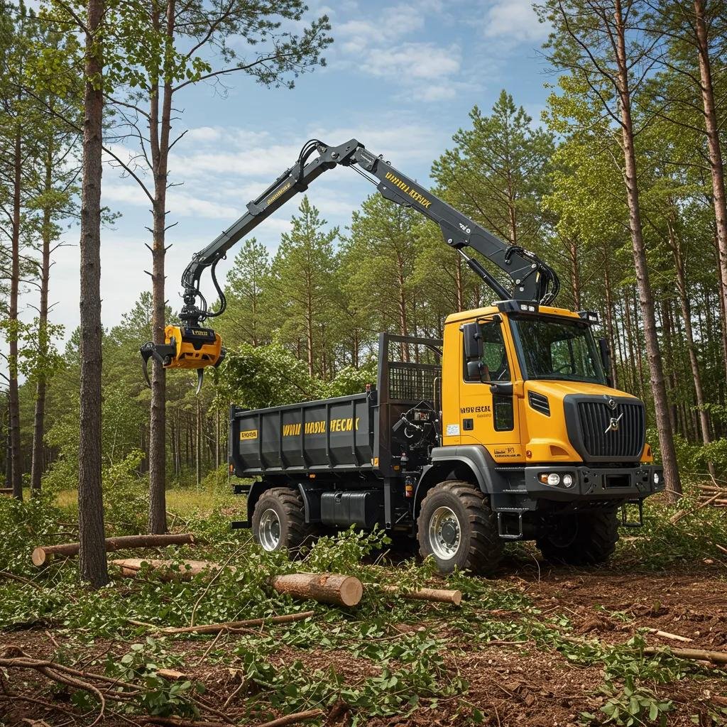 Modern grapple truck performing tree removal with advanced technology