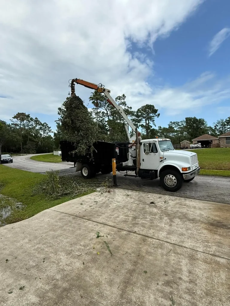 Grapple truck with extended crane removing storm debris in Volusia County, Florida.