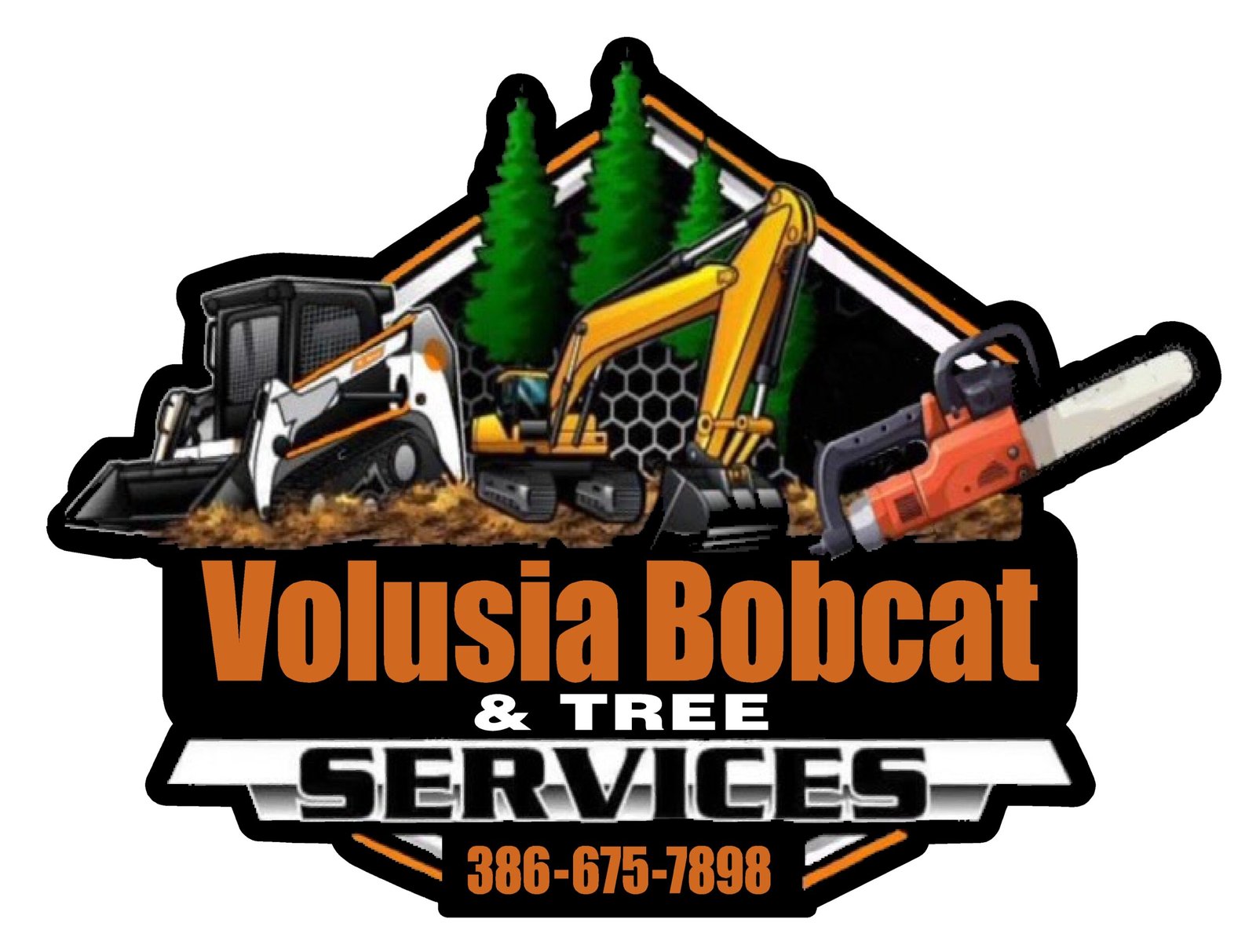 Volusia Bobcat & Tree Services logo featuring grapple truck, Bobcat, chainsaw, and debris for debris