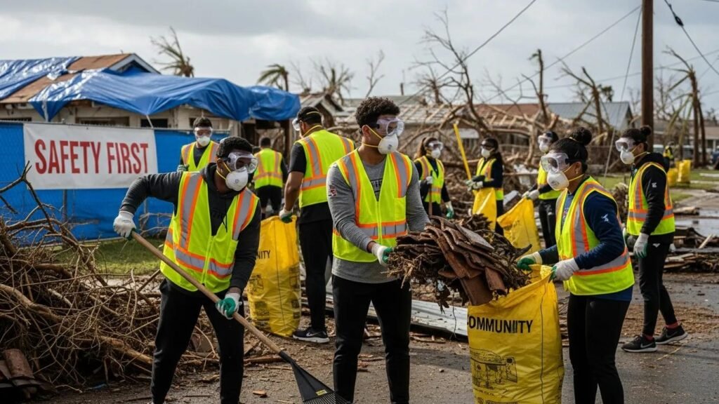 Athletes and coaches in PPE participating in safe cleanup efforts after Hurricane Ian
