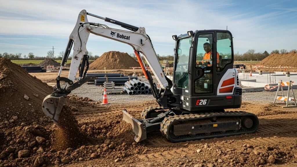Bobcat E26 mini excavator efficiently preparing a site for landscaping projects