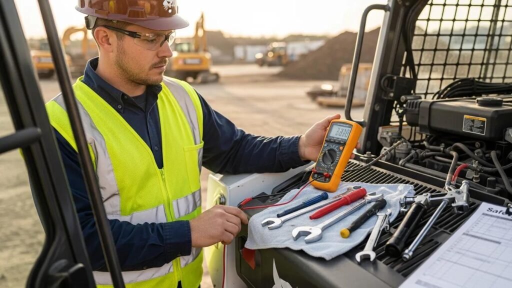 Operator conducting safety checks on a bobcat loader, highlighting essential safety practices