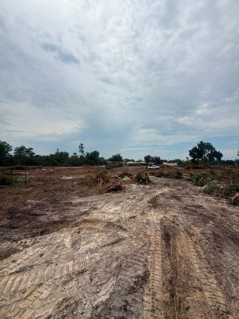 Cleared land in Volusia County, Florida, showing debris removal and site preparation for construction projects,