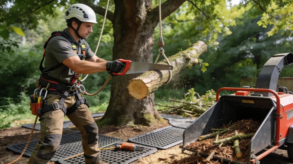 Arborist performing eco-friendly tree removal with minimal environmental impact