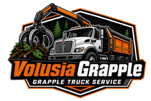 Volusia Grapple truck service logo with grapple and debris hauling truck in Volusia County, Florida.